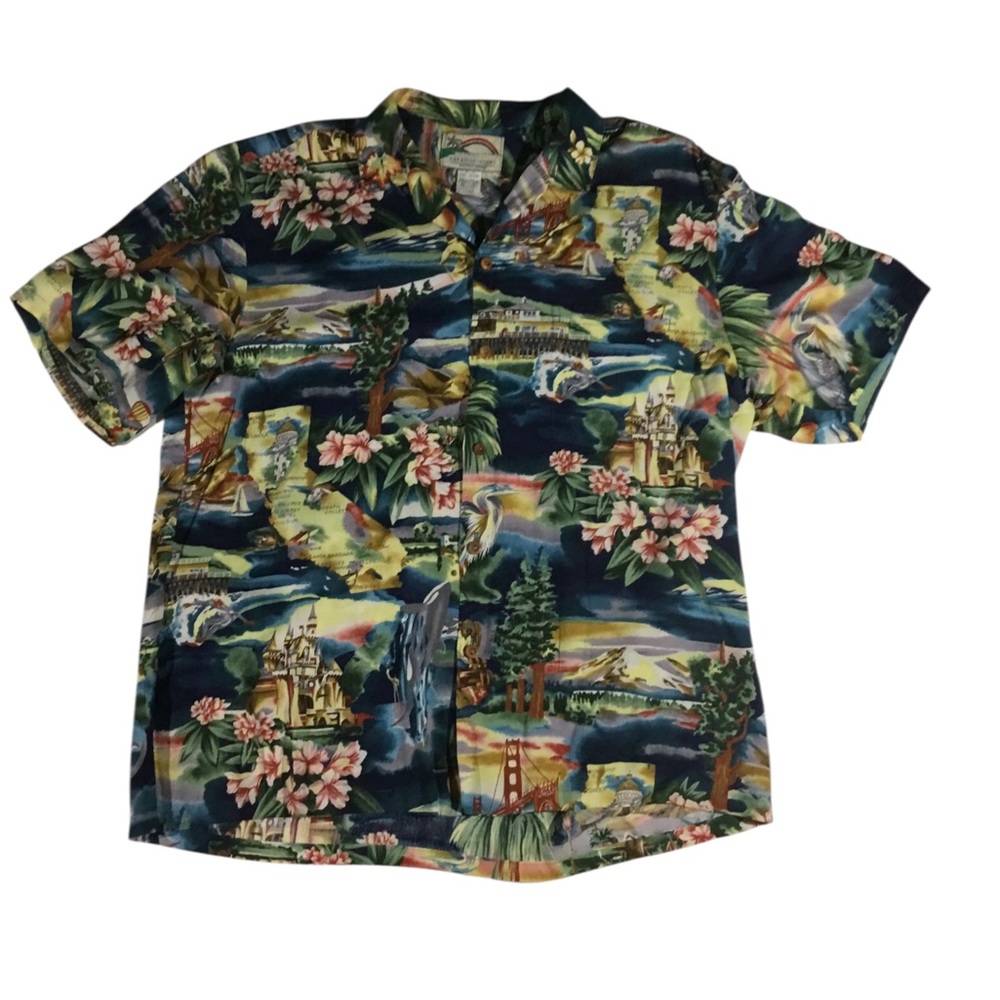 Vintage Paradise Found California Landmarks Hawaiian Button Down Shirt Large